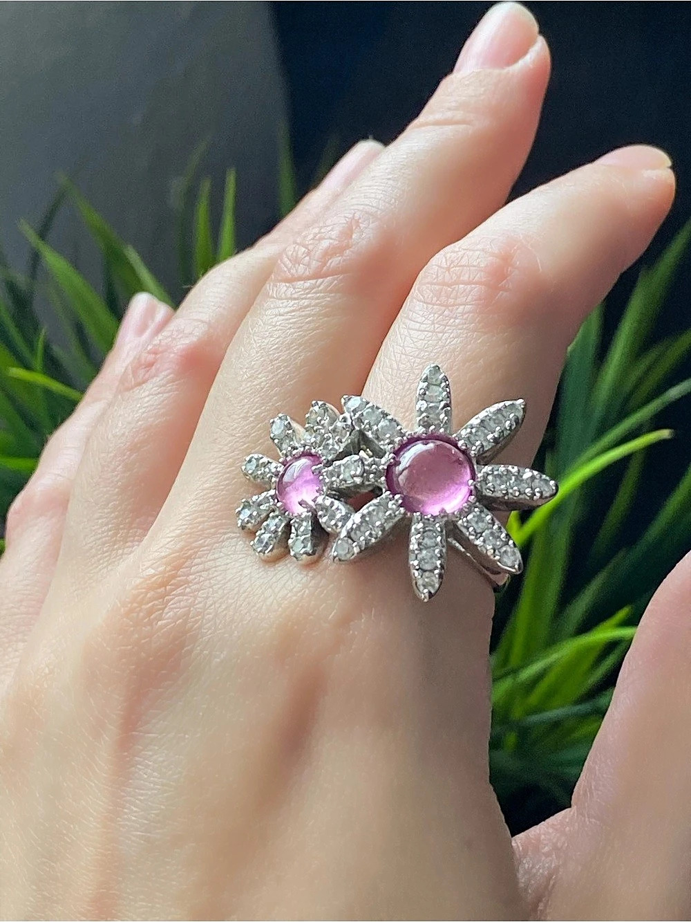 925 Double Flower Pink Statement Ring